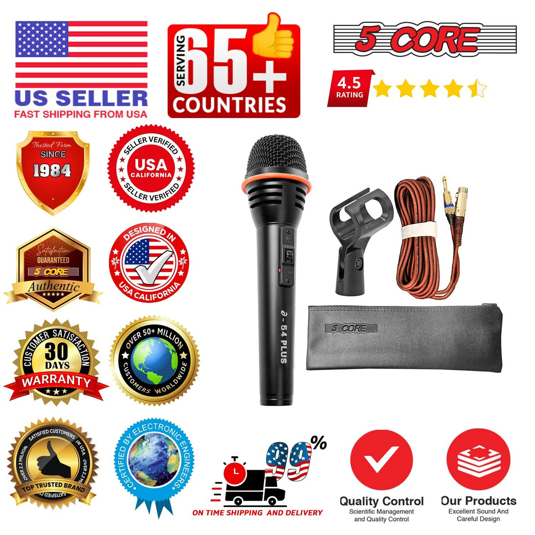 5 Core Microphone 2Pc Dynamic Vocal Handheld Mic Cardioid Singing Karaok Microfono  w On Off Switch