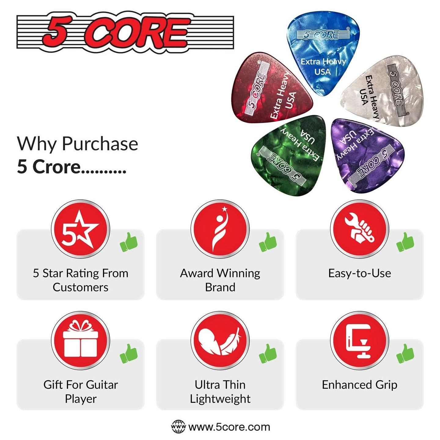 Heavy-duty green 5Core picks for consistent sound