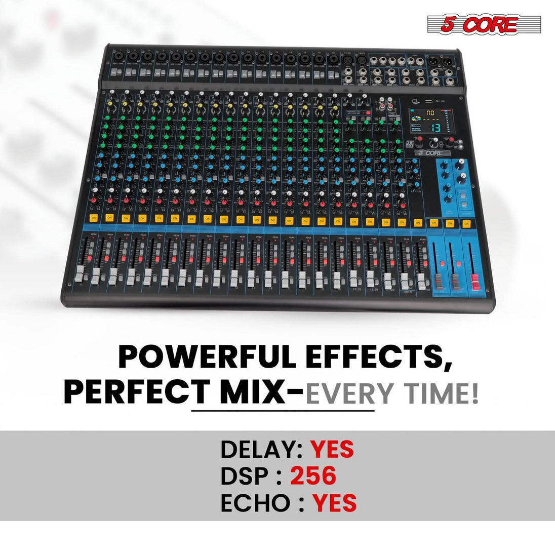 5Core DJ Audio Mixer 24 Channel Stereo Sound Board w 256 effects USB Bluetooth 48V Phantom Power