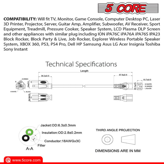 5Core AC Power Cord 6 Ft 3 Prong US Male - Female Extension Adapter 16AWG 125V 13A