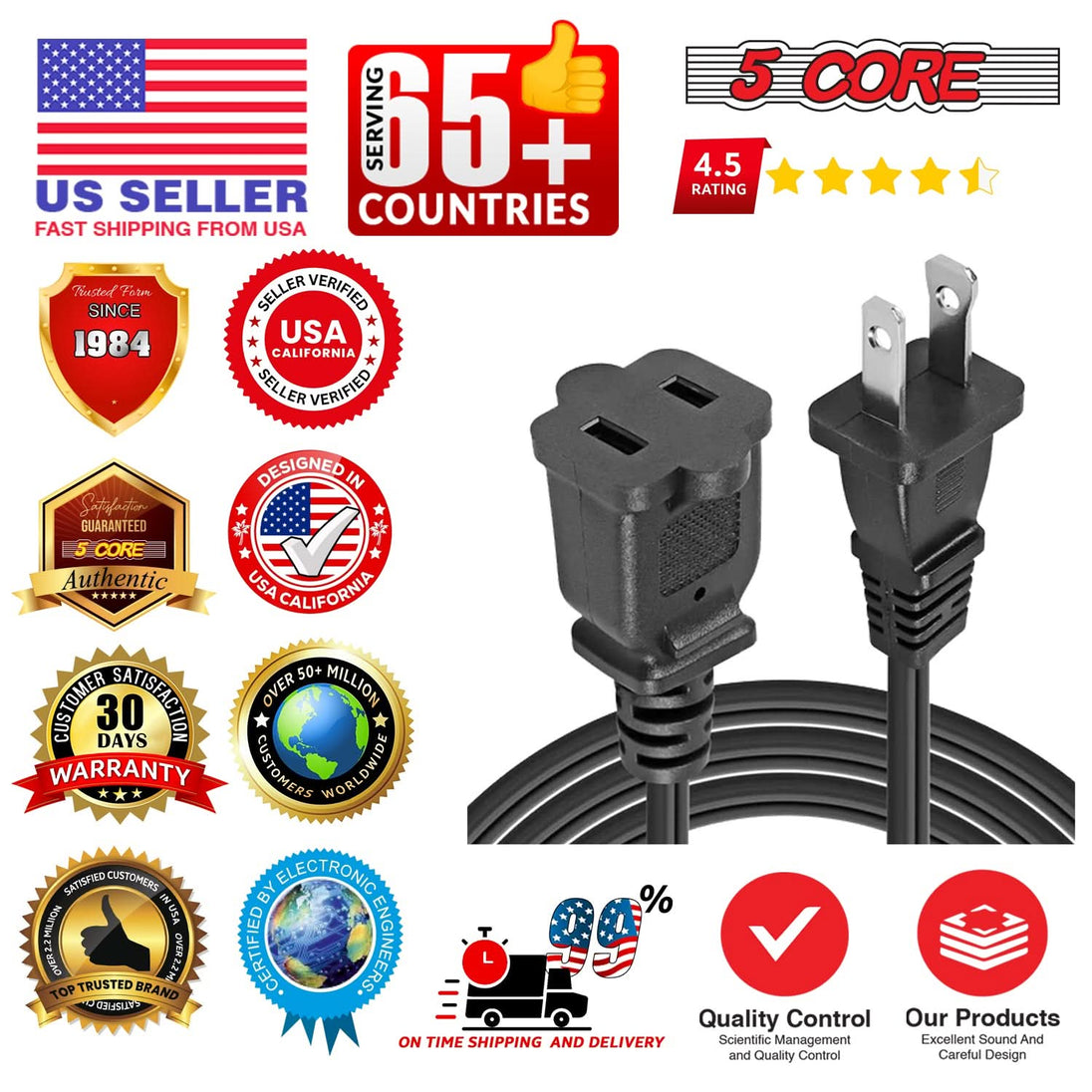5Core AC Power Cord 15 Ft US Polarized Male to Female 2 Prong Extension Adapter Cords 16AWG 125V