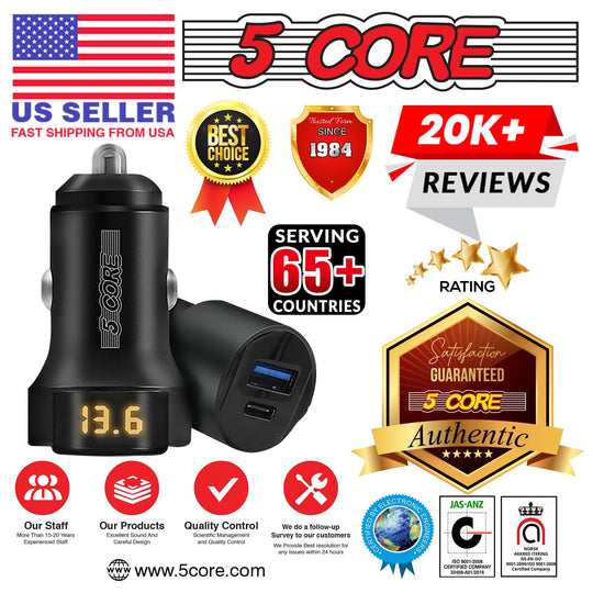 5 Core Car Charger USB + Type-C Quick Charge Adapter with Smart Chip Fast Charging for Truck SUV
