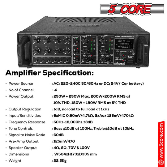 5 Core Power Amplifier 500W PA DJ Stereo Receiver 6 Mic Inputs USB FM Radio Rack Mount  Amplificador