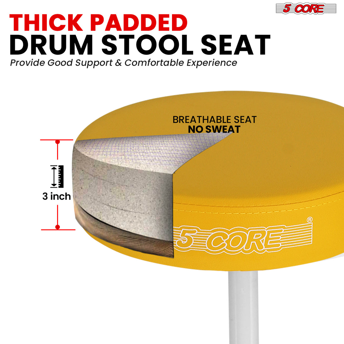 5 Core Drum Throne 3" Thick Padded Memory Foam Comfortable Drummer Stool 330Lb Capacity Adjustable