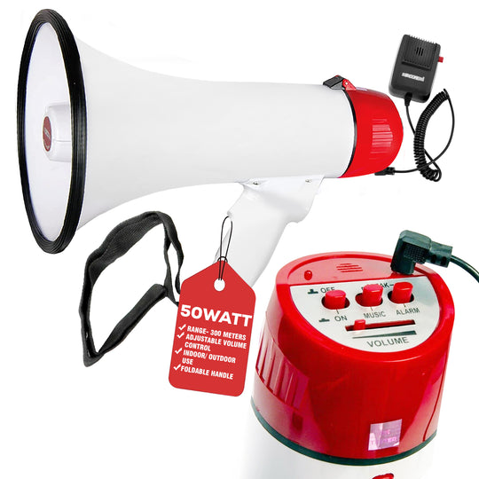 White and red megaphone with control panel 