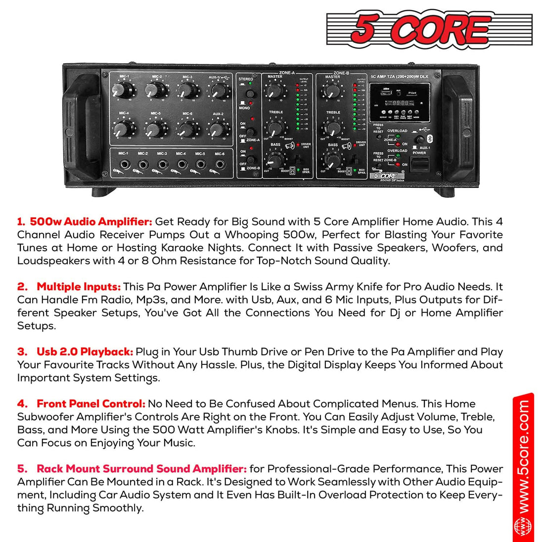 5 Core Power Amplifier 500W PA DJ Stereo Receiver 6 Mic Inputs USB FM Radio Rack Mount  Amplificador