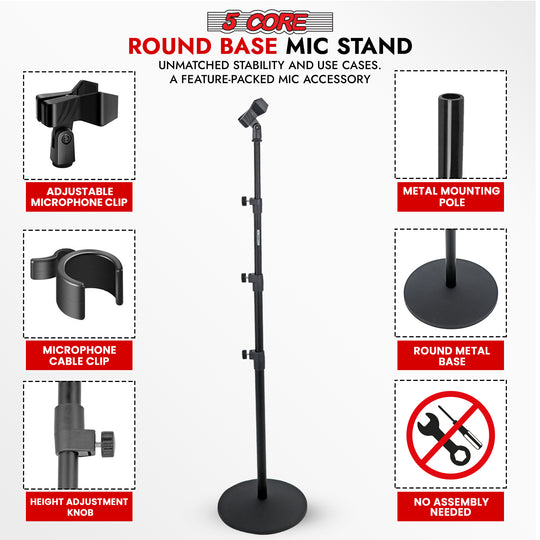 5Core universal floor mic stand with adjustable height and round base for microphone support