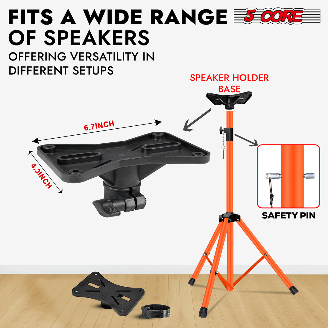 Sturdy 5Core speaker pole mount with orange locking knob design
