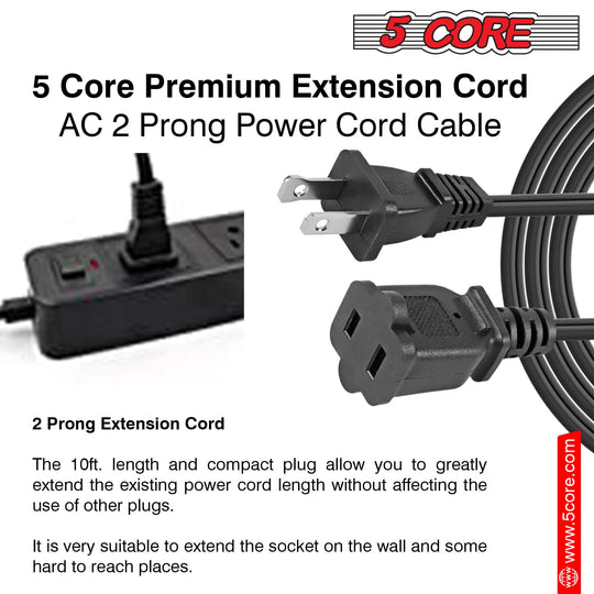 5Core AC Power Cord 15 Ft US Polarized Male to Female 2 Prong Extension Adapter Cords 16AWG 125V