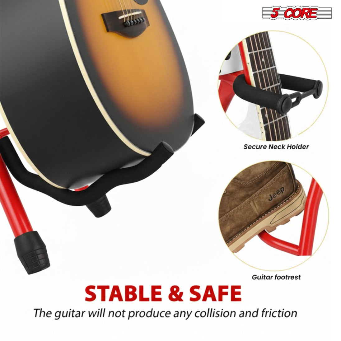 5Core Guitar Stool 3.15" Padded Chair w Backrest Foldable Music Seat Built in Foot Rest Guitar Stand
