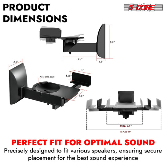5Core adjustable swivel bookshelf speaker wall mount, 11-inch, pair