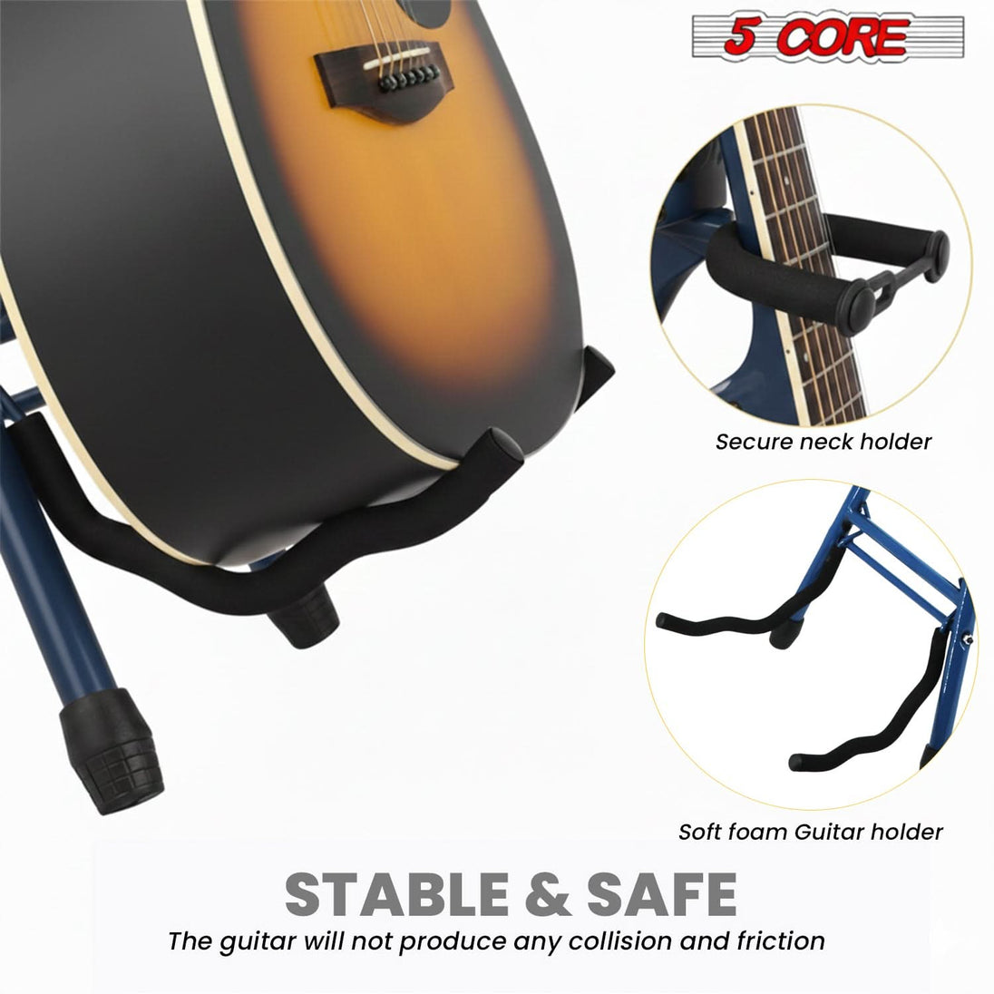5Core Guitar Stool 3.15" Padded Chair w Backrest Foldable Music Seat Built in Foot Rest Guitar Stand