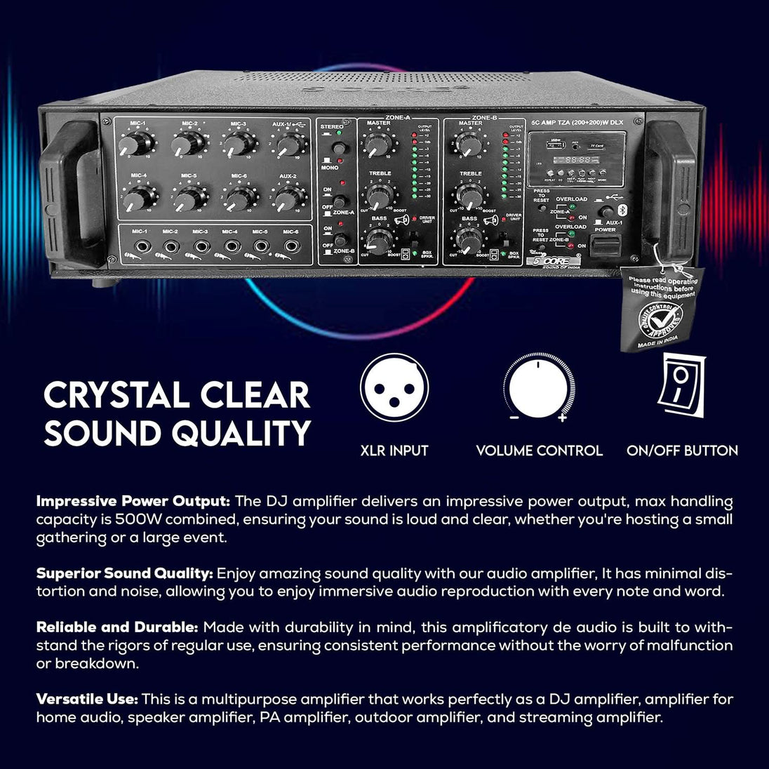 5 Core Power Amplifier 500W PA DJ Stereo Receiver 6 Mic Inputs USB FM Radio Rack Mount  Amplificador