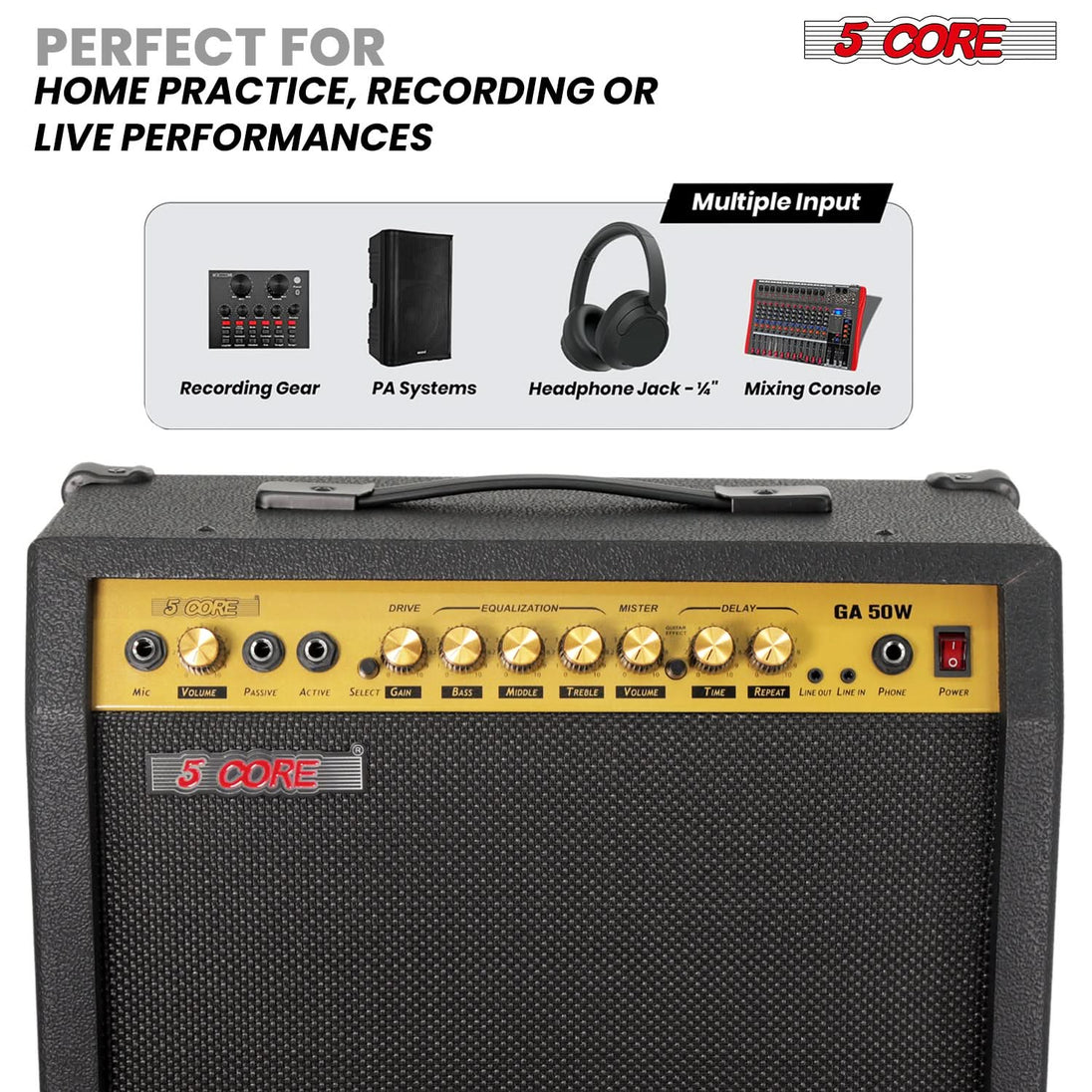 5 Core Guitar Amp 50 Watt  Electric Amplifier w Built in 8" Speaker Portable Mini Amps w Aux