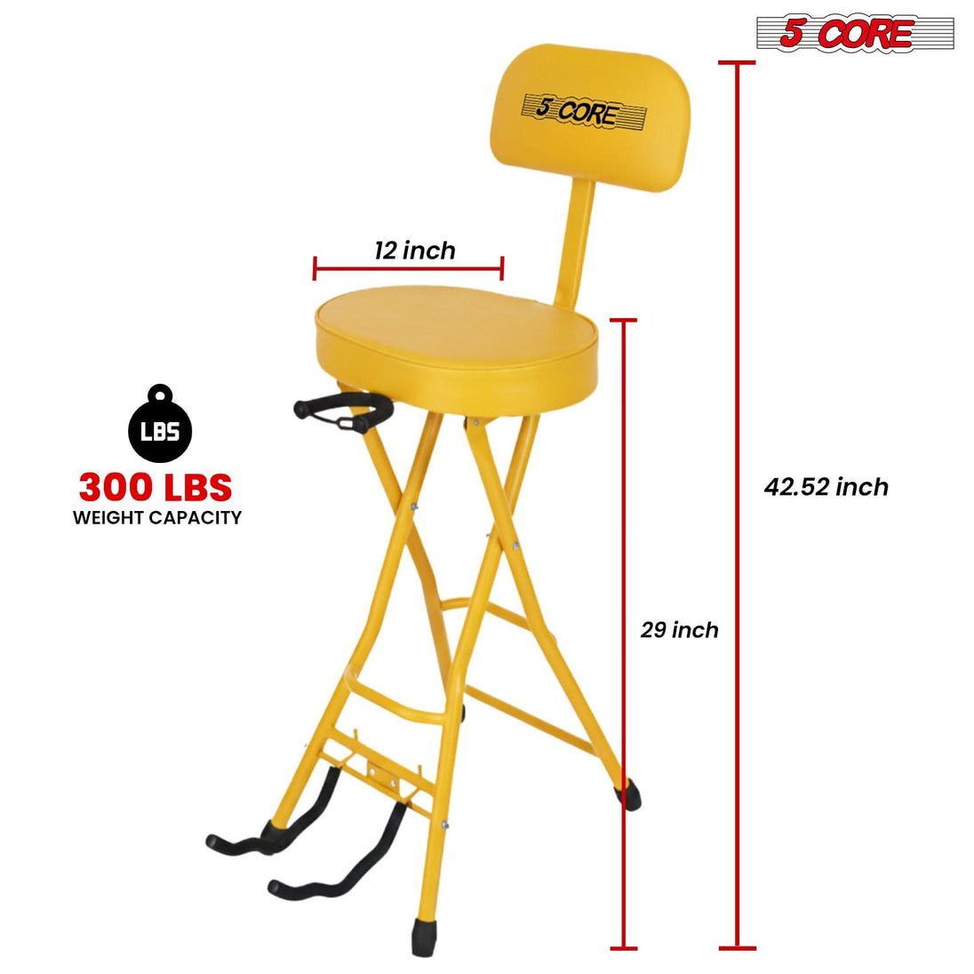 5Core Guitar Stool 3.15" Padded Chair w Backrest Foldable Music Seat Built in Foot Rest Guitar Stand