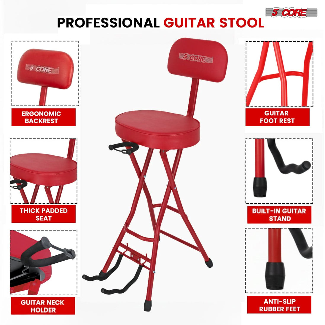 5Core Guitar Stool 3.15" Padded Chair w Backrest Foldable Music Seat Built in Foot Rest Guitar Stand