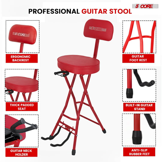 5Core Guitar Stool 3.15" Padded Chair w Backrest Foldable Music Seat Built in Foot Rest Guitar Stand