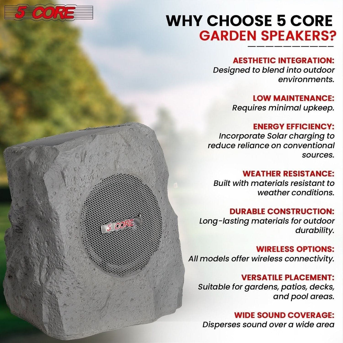 5Core Rock Speaker Solar 4Pc Outdoor Waterproof Bluetooth Garden 5.7"  Speakers