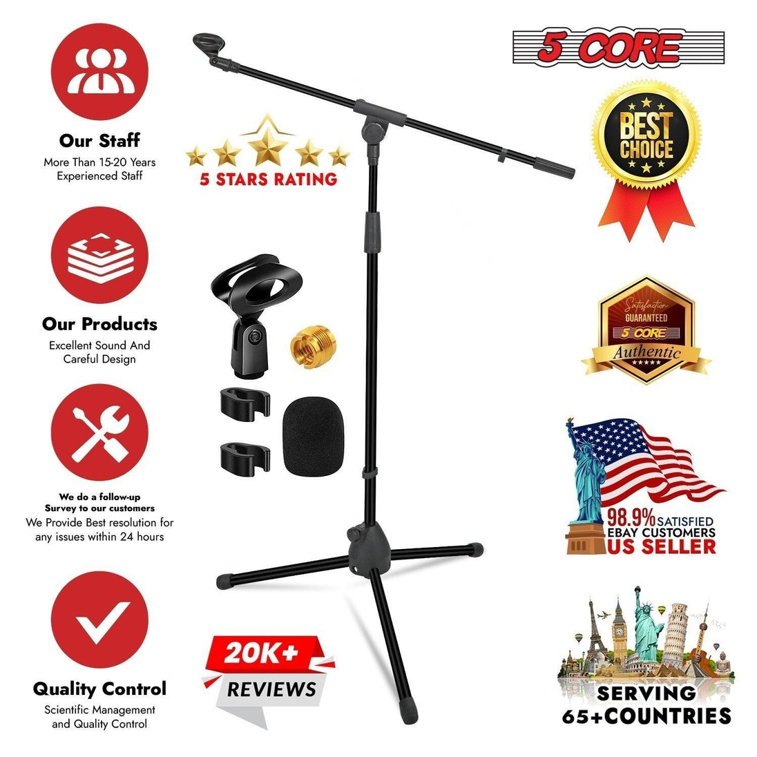 5 Core Microphone Stand Pair Floor 72" Adjustable w Telescoping Boom Arm