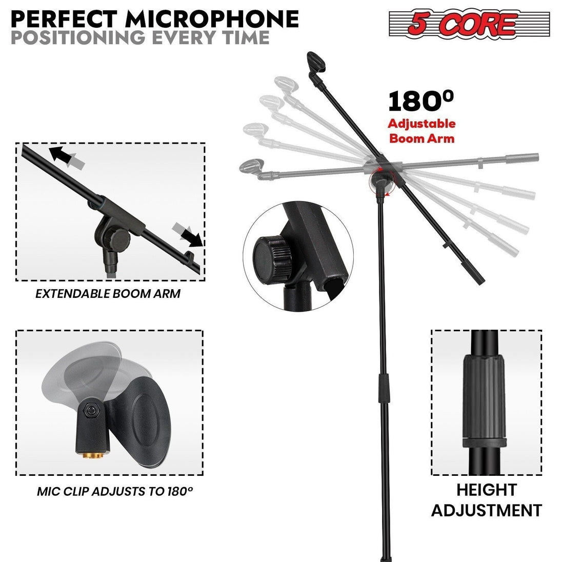 5 Core Microphone Stand Pair Floor 72" Adjustable w Telescoping Boom Arm