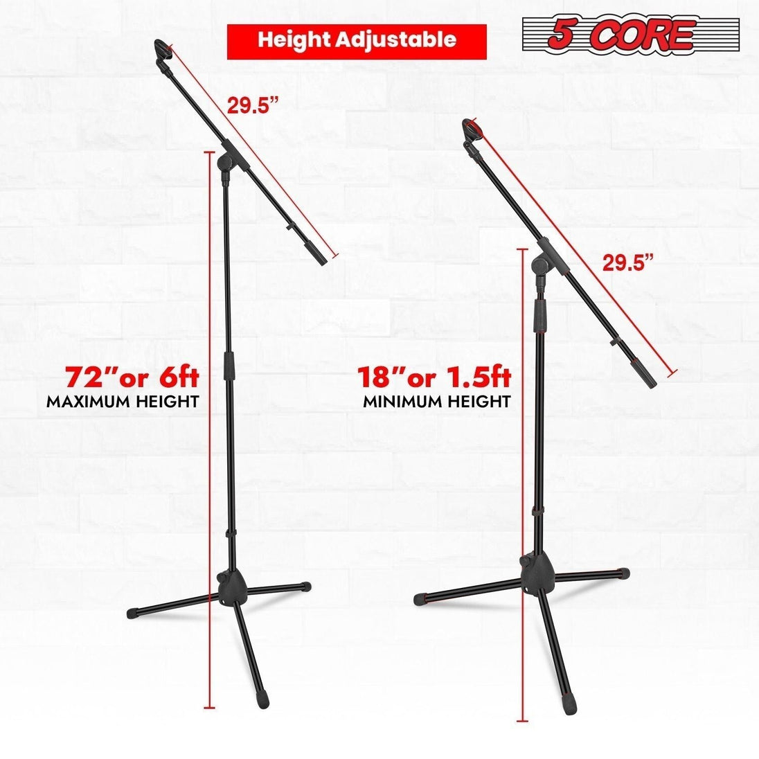 5 Core Microphone Stand Pair Floor 72" Adjustable w Telescoping Boom Arm