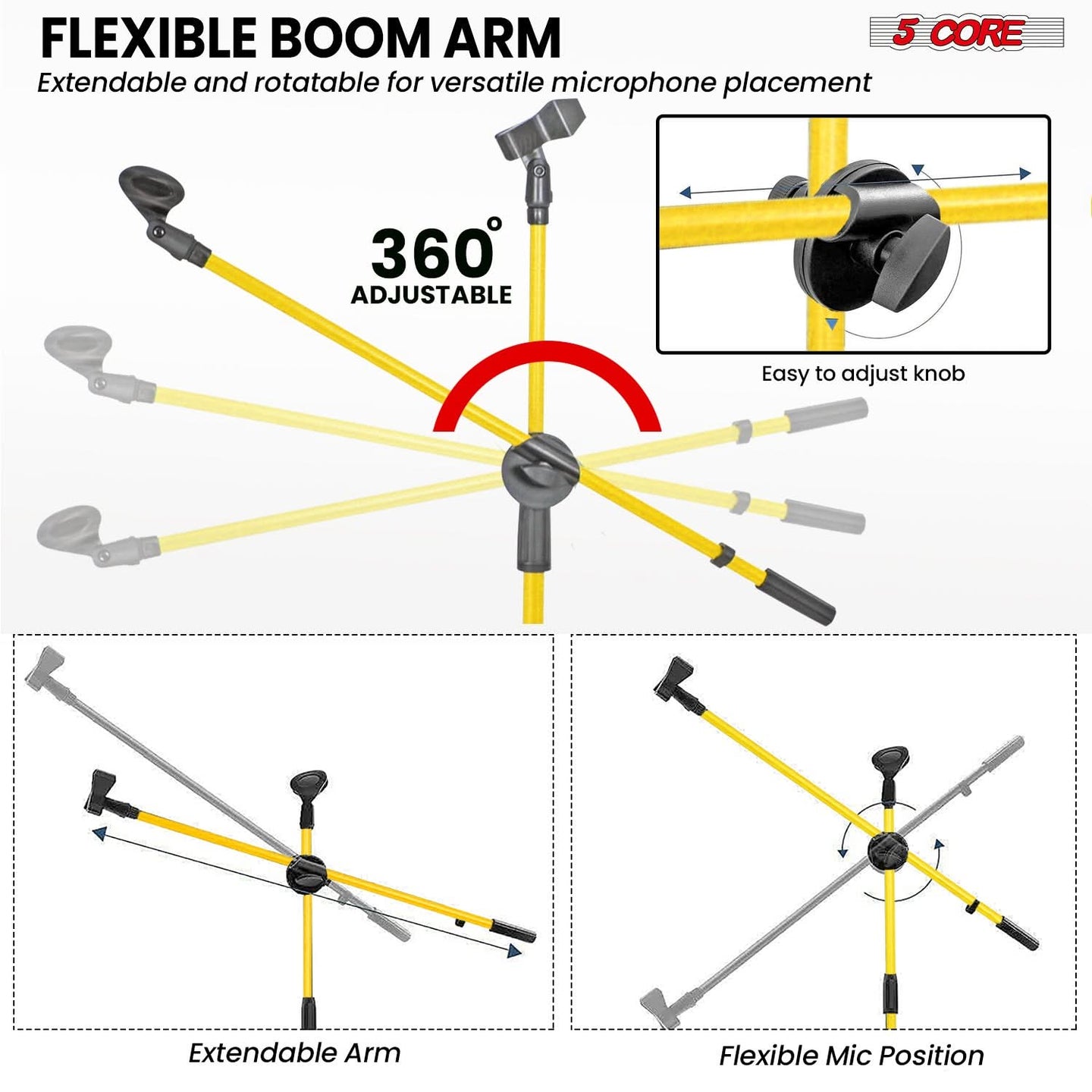 Angle adjustable boom arm rotate 360 degrees and you can position your mic at your convenience