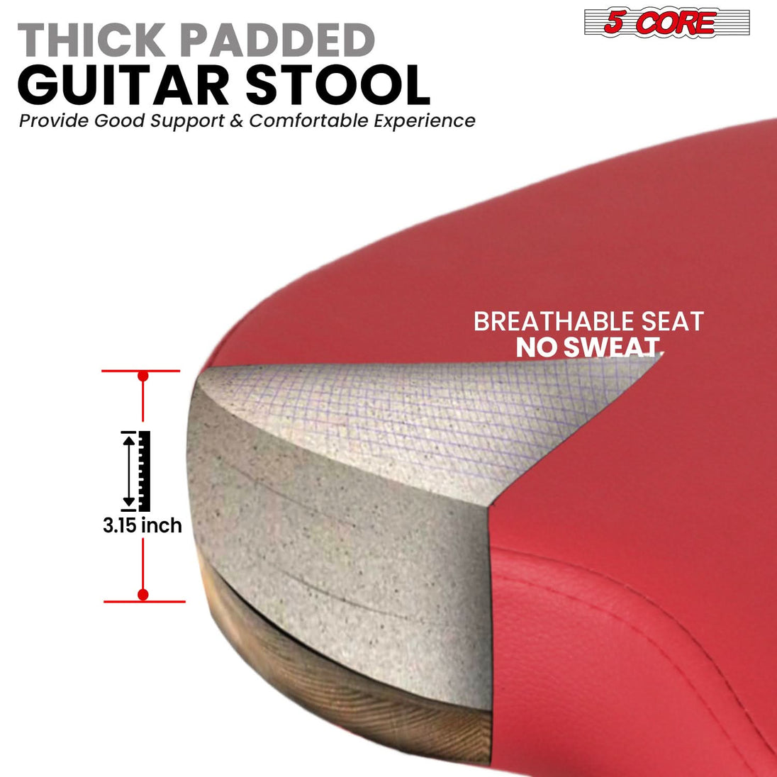 5Core Guitar Stool 3.15" Padded Chair w Backrest Foldable Music Seat Built in Foot Rest Guitar Stand
