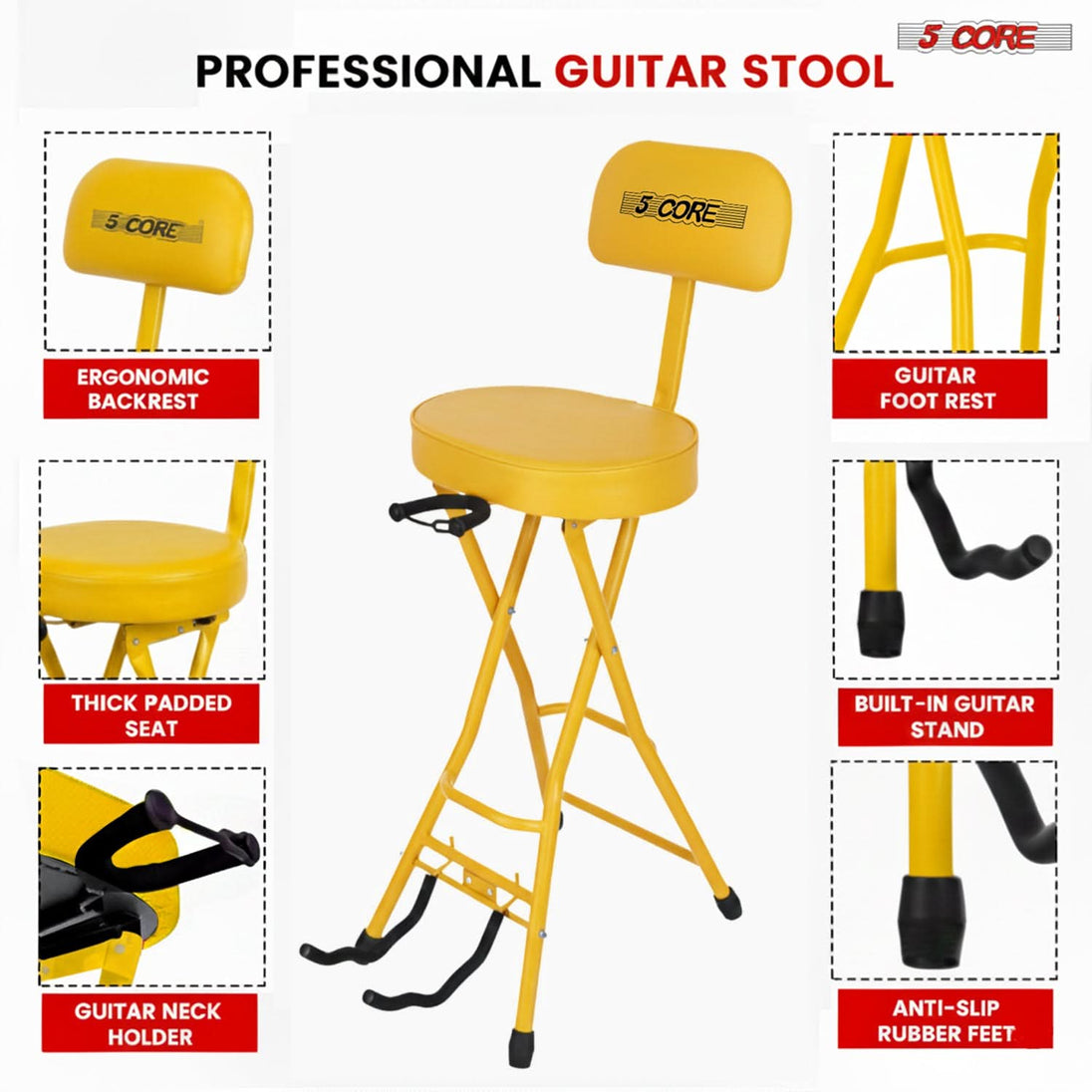 5Core Guitar Stool 3.15" Padded Chair w Backrest Foldable Music Seat Built in Foot Rest Guitar Stand