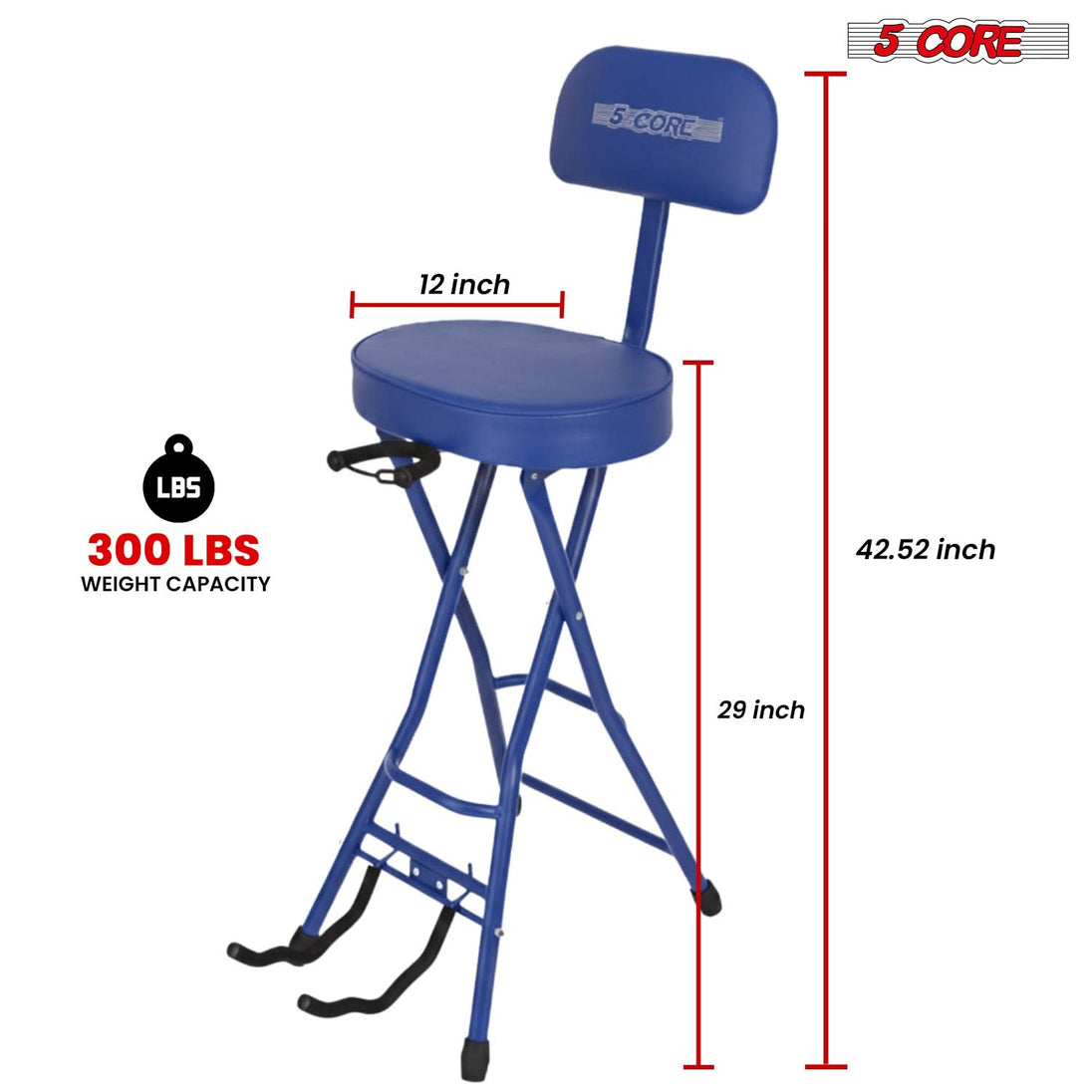 5Core Guitar Stool 3.15" Padded Chair w Backrest Foldable Music Seat Built in Foot Rest Guitar Stand