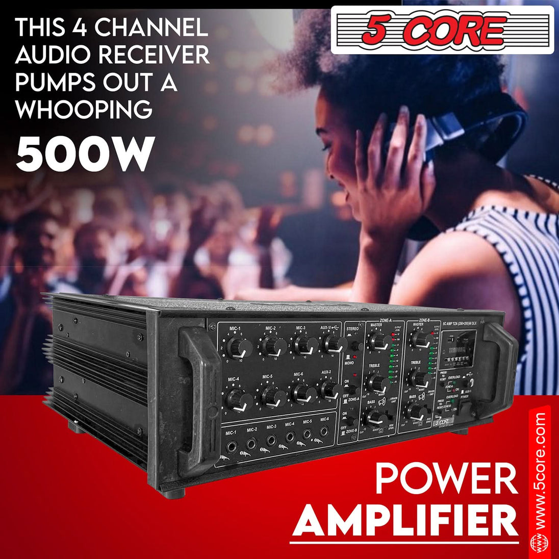 5 Core Power Amplifier 500W PA DJ Stereo Receiver 6 Mic Inputs USB FM Radio Rack Mount  Amplificador