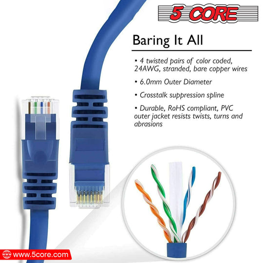 5Core Cat 6 Ethernet Cable Long Computer Internet Cables WiFi RJ45 Cord for Gaming