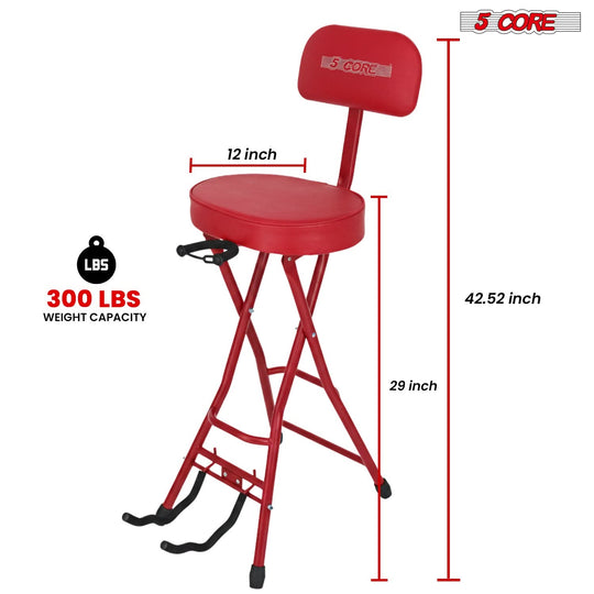 5Core Guitar Stool 3.15" Padded Chair w Backrest Foldable Music Seat Built in Foot Rest Guitar Stand