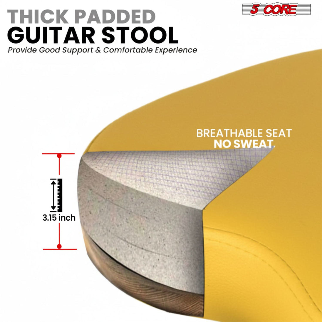 5Core Guitar Stool 3.15" Padded Chair w Backrest Foldable Music Seat Built in Foot Rest Guitar Stand