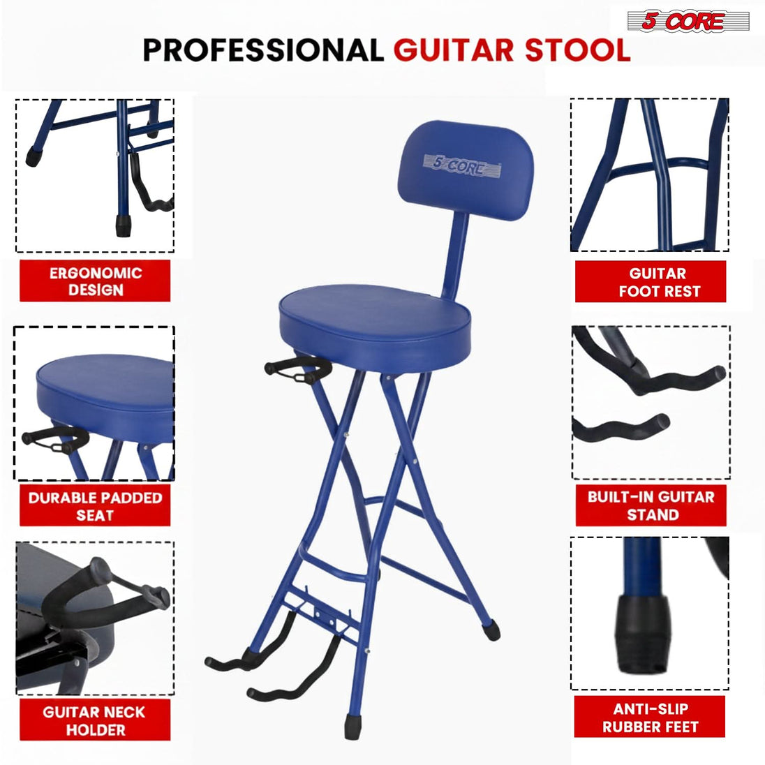 5Core Guitar Stool 3.15" Padded Chair w Backrest Foldable Music Seat Built in Foot Rest Guitar Stand