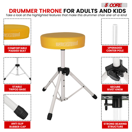 5 Core Drum Throne 3" Thick Padded Memory Foam Comfortable Drummer Stool 330Lb Capacity Adjustable
