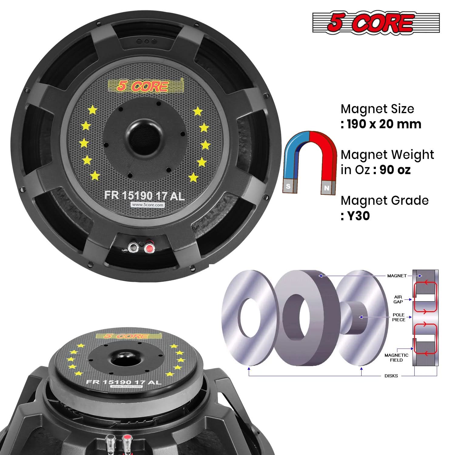 15 inch subwoofer PA DJ Speaker 1500W 8 Ohm Sub Woofer - 5 Core