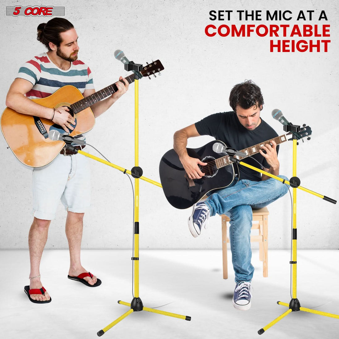 Custom height adjustment for use in seating and standing. One mic can be used for vocal and another one for instrument