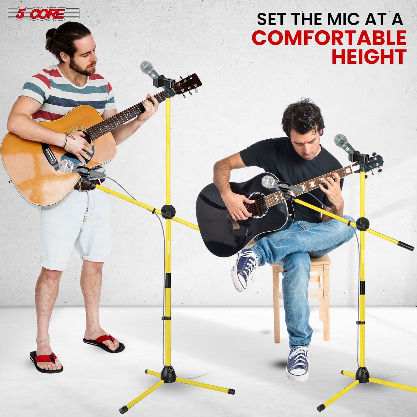 Custom height adjustment for use in seating and standing. One mic can be used for vocal and another one for instrument