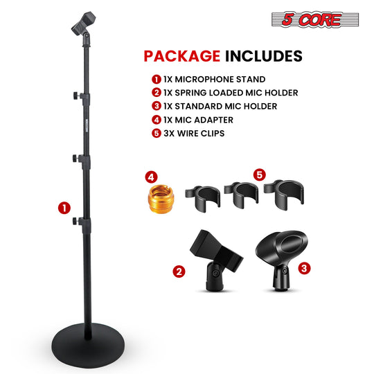 5Core round base floor mic stand with adjustable height and universal microphone holder