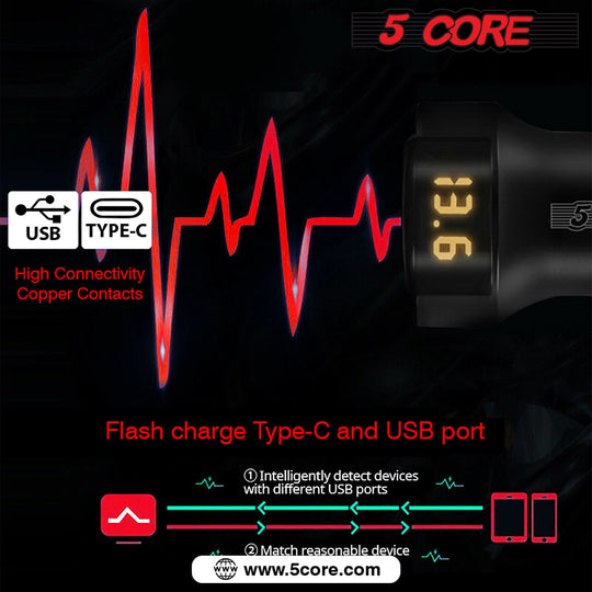 5 Core Car Charger USB + Type-C Quick Charge Adapter with Smart Chip Fast Charging for Truck SUV