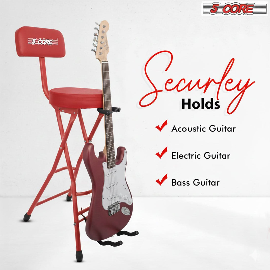 5Core Guitar Stool 3.15" Padded Chair w Backrest Foldable Music Seat Built in Foot Rest Guitar Stand