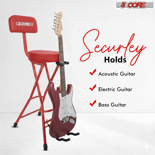 5Core Guitar Stool 3.15" Padded Chair w Backrest Foldable Music Seat Built in Foot Rest Guitar Stand