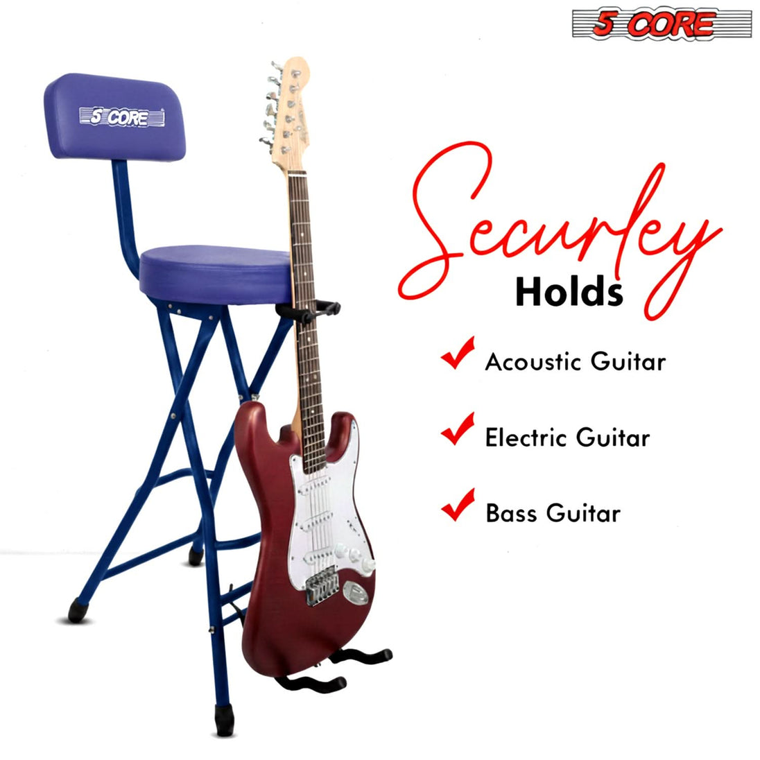 5Core Guitar Stool 3.15" Padded Chair w Backrest Foldable Music Seat Built in Foot Rest Guitar Stand