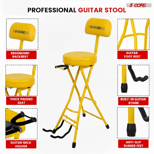 5Core Guitar Stool 3.15" Padded Chair w Backrest Foldable Music Seat Built in Foot Rest Guitar Stand