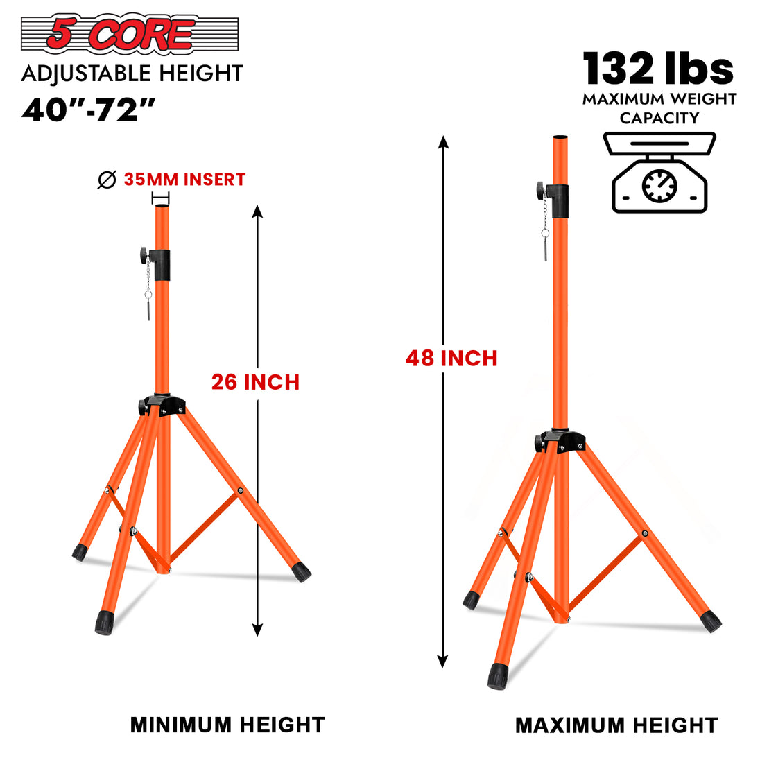Professional orange monitor speaker stands by 5Core with 48 inch reach