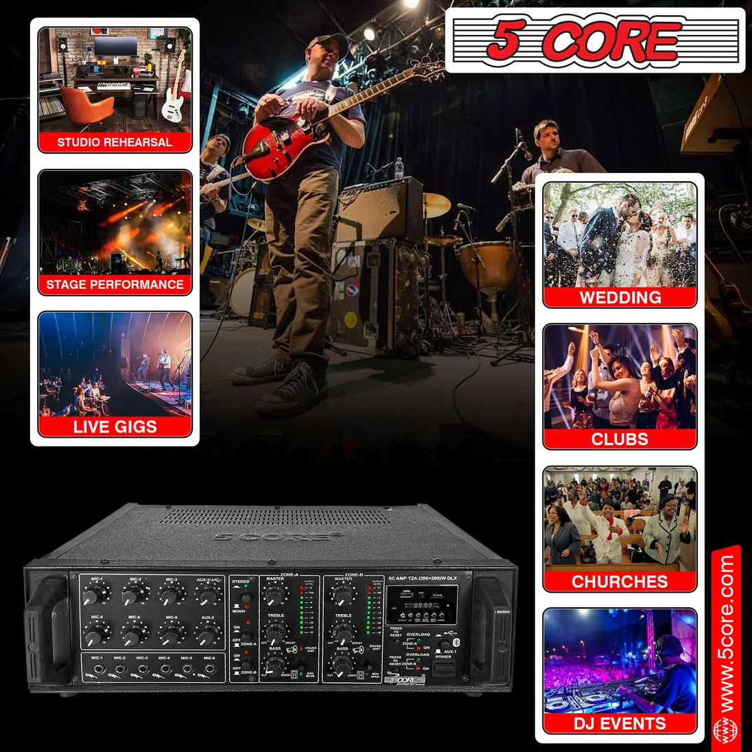 5 Core Power Amplifier 500W PA DJ Stereo Receiver 6 Mic Inputs USB FM Radio Rack Mount  Amplificador