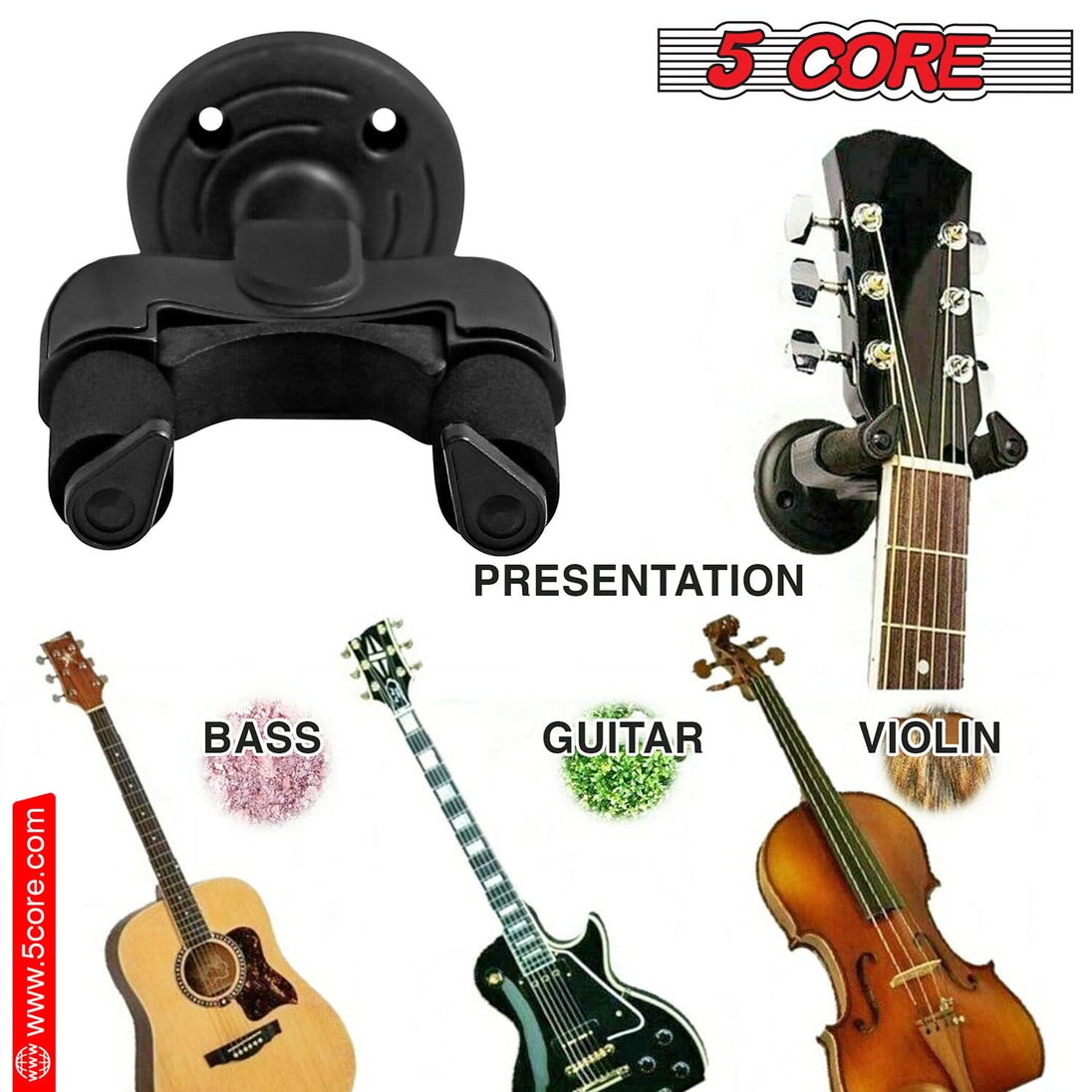 5Core Guitar Wall Mount Hanger 4Pcs Hook Metal Base Soft Padding Adjustable Rotatable Holder