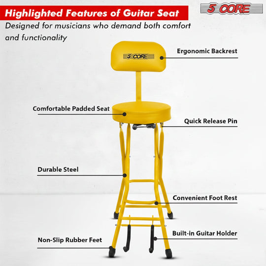 5Core Guitar Stool 3.15" Padded Chair w Backrest Foldable Music Seat Built in Foot Rest Guitar Stand