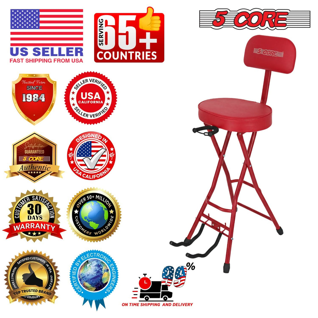 5Core Guitar Stool 3.15" Padded Chair w Backrest Foldable Music Seat Built in Foot Rest Guitar Stand