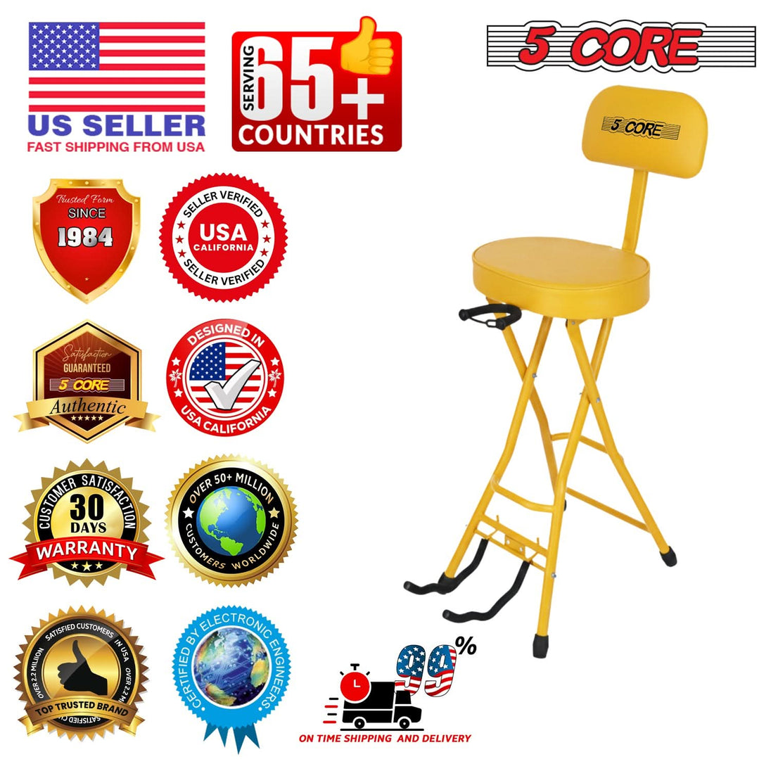 5Core Guitar Stool 3.15" Padded Chair w Backrest Foldable Music Seat Built in Foot Rest Guitar Stand